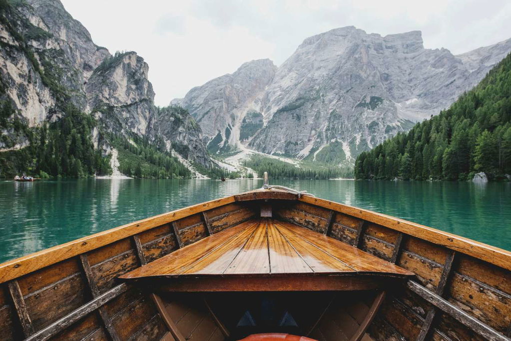 view from rowboat of mountains