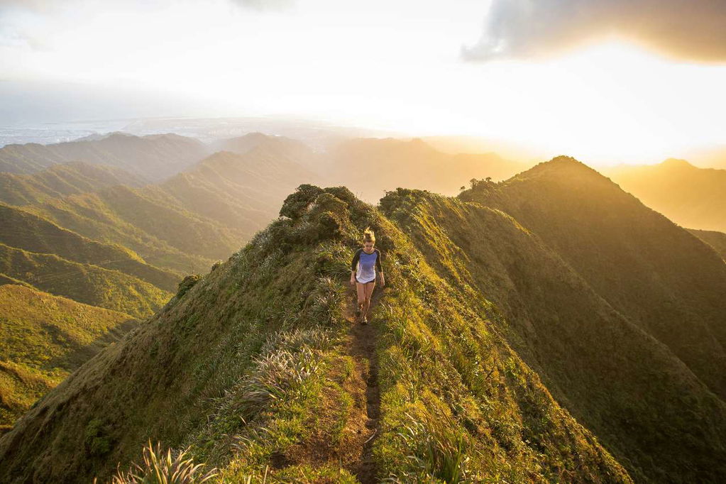 hiker standing on green ridge