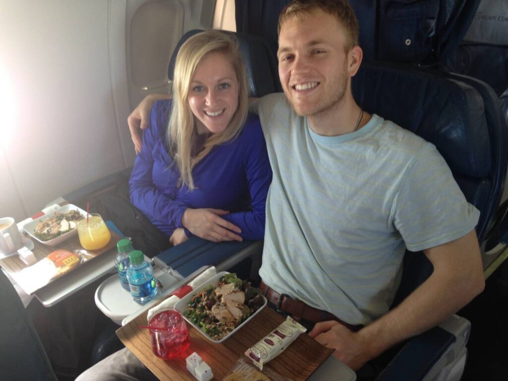 author and her husband on their first flight