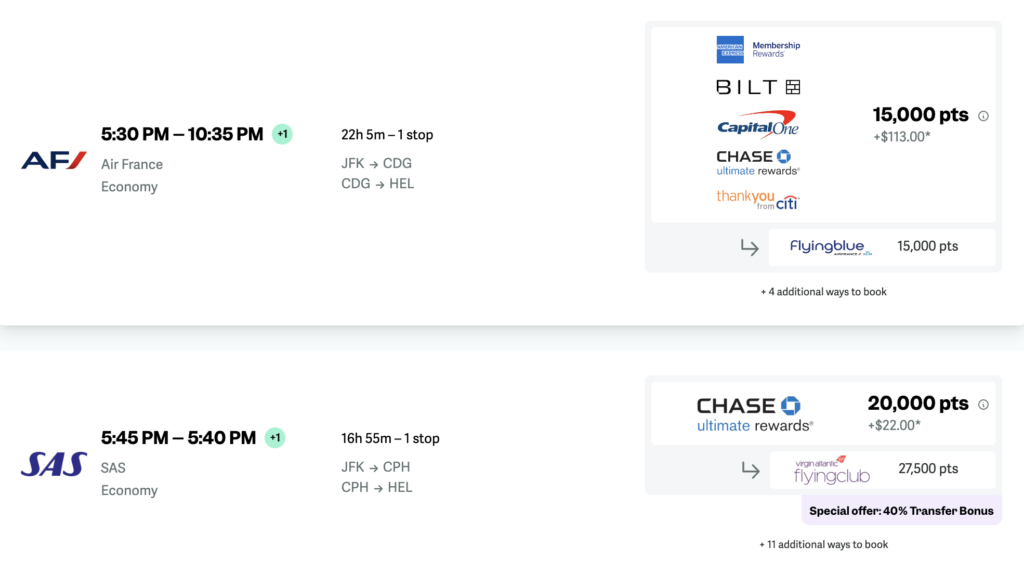 point.me results for NYC to Helsinki