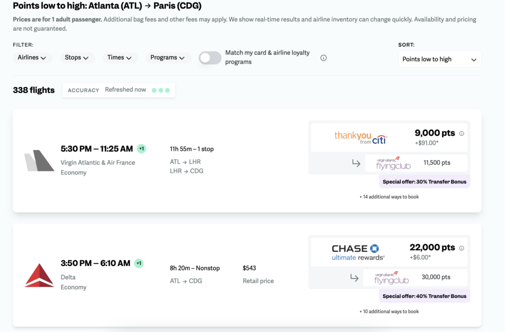 point.me flight results for Atlanta to Paris