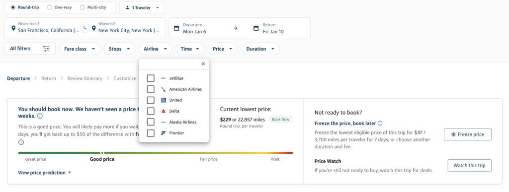 searching flights on capital one travel